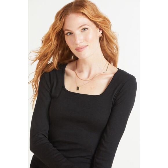 Michael Stars Dress Womens S Black Rib Knit Midi Ruched Square Neck Long Sleeve - Picture 3 of 11